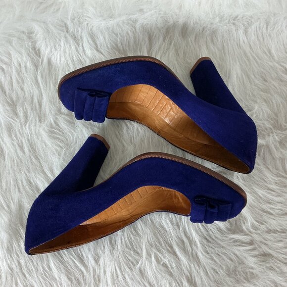 Chie Mihara Indigo Purple Blue Suede Pleat Square Toe Heel Pumps 37 US 7 - Picture 4 of 8